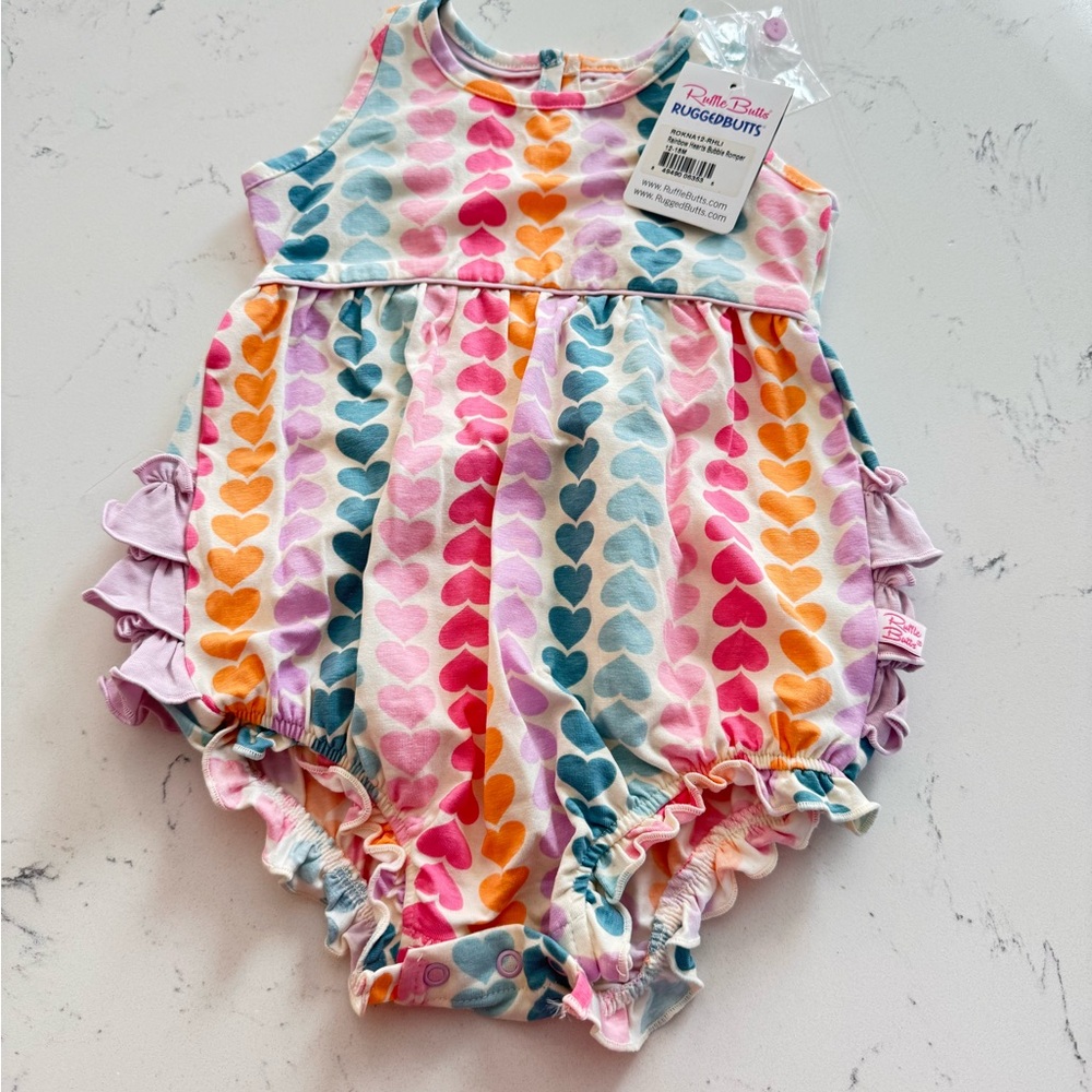 Ruffle Butts Heart Stripe Bubble Romper - Pink, Orange, Blue, Purple